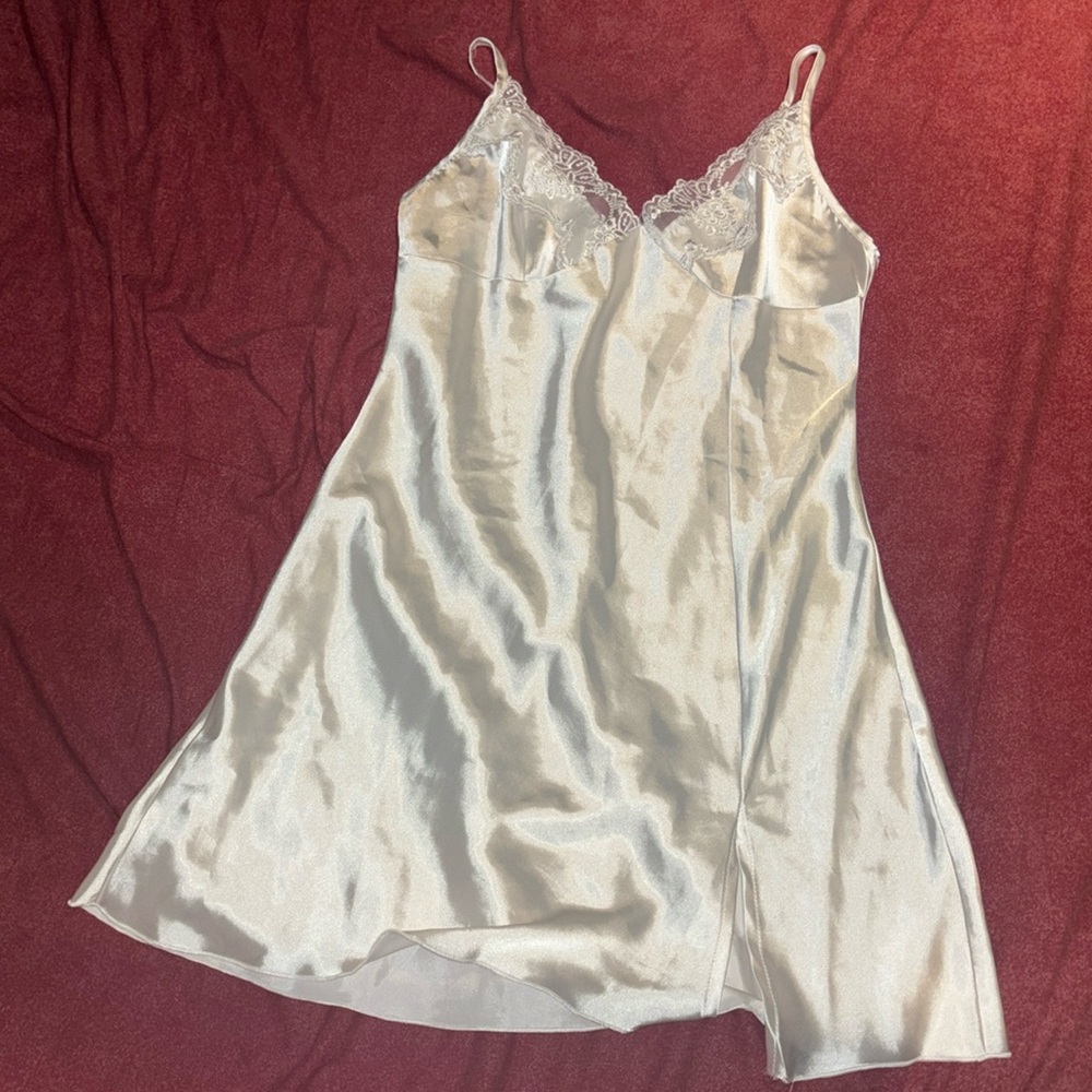 White silk slip on dress with lace detailing